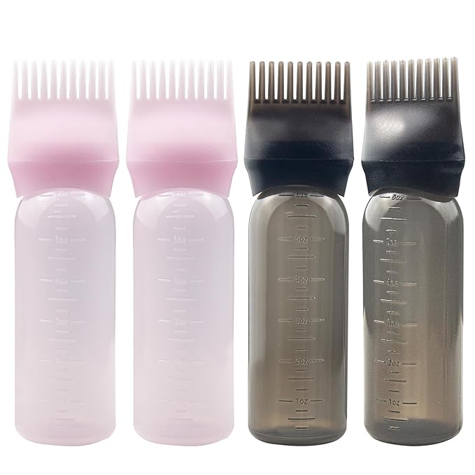 4-Pack Root Comb Applicator Bottles - 6oz (2 Pink + 2 Black) for Hair Dye, Shampoos & Salons