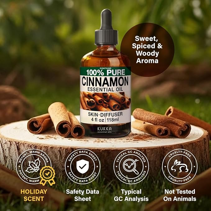 KUKKA Cinnamon Essential Oils - 4 Fl Oz - for Hair, Skin, Diffuser, Aromatherapy & DIY Soap Making Scent