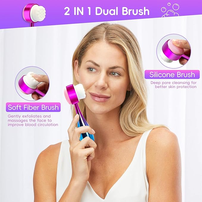 Facial Cleansing Brush, Headband for Washing Face with Silicone Double Side Manual Face Scrubber Brush, Skincare Headband and Wristband Set, 2 Hair Scrunchie, for Makeup Rainbow