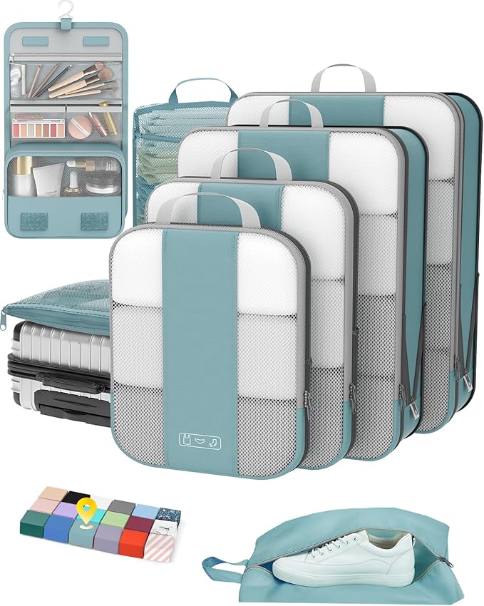 8 Set Compression Packing Cubes for Travel Essentials,Compressible Expandable Packing Cubes for Suitcase,OlarHike Luggage Organizer Bags for Travel,Handy Helper for Organizing Clothes(Blue Gray)