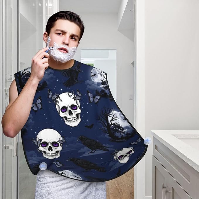 Adjustable Beard Bib, Non-Stick Hair Catcher Cape for Men's Shaving, Waterproof with 2 Suction Cups, Halloween Full Moon Raven Goth Skulls Shave Bib