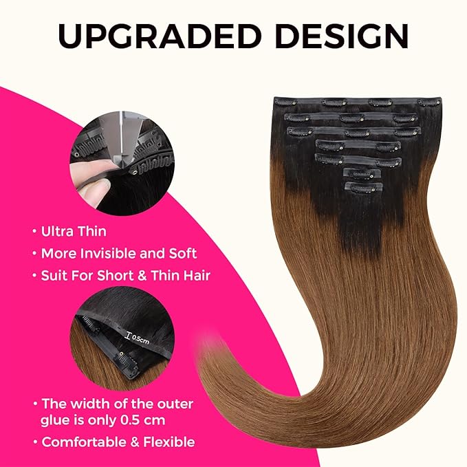 Lashey Seamless Clip in Hair Extensions Human Hair 110g 7pcs Light Yaki Straight 18 Inch Ombre Natural Black to Medium Auburn Real Human Hair