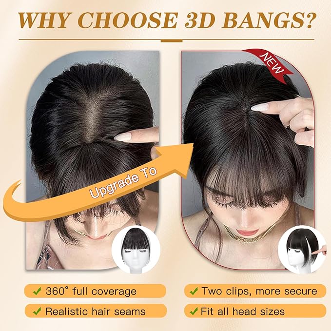 NAYOO Hair Toppers for Women Real Human Hair, 360° Cover Clips in Full Fringe Fake Bangs Hair Pieces for Women Girls Daily Wear(Natural Black)