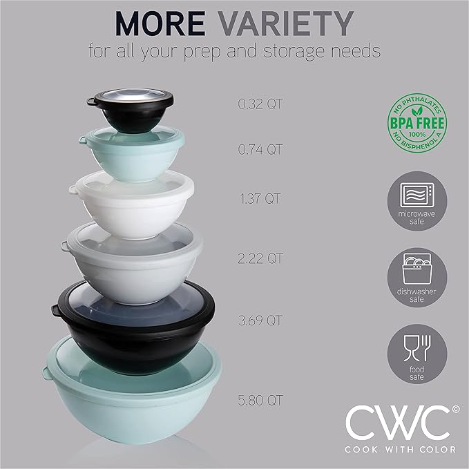 COOK WITH COLOR Mixing Bowls with TPR Lids - 12 Piece Plastic Nesting Bowls Set includes 6 Prep Bowls and 6 Lids, Microwave Safe Mixing Bowl Set (Mint)