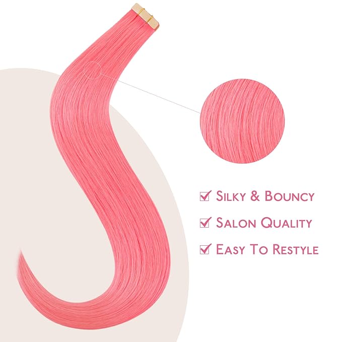 WENNALIFE Tape in Hair Extensions Human Hair Light Pink Tape in Extensions, 10pcs 25g 16 inch Remy Invisible Tape Ins Straight Colored Soft Real Human Hair Tape in Extensions Refill Set Extensions