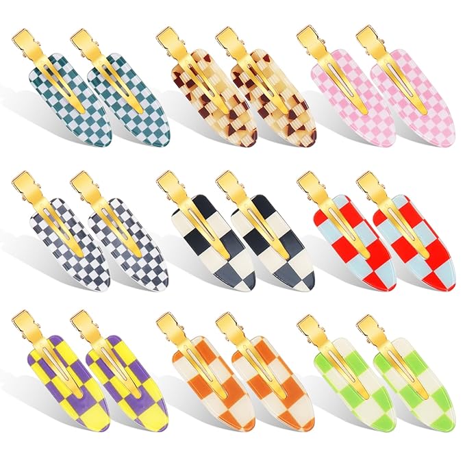 18PCS No Bend Hair Clips, Checkerboard No Crease Curl Pins, Acrylic Resin Flat Styling, Colorful Bang Seamless Duckbill Barrette for Makeup Hairstyle Accessories for Women Girls