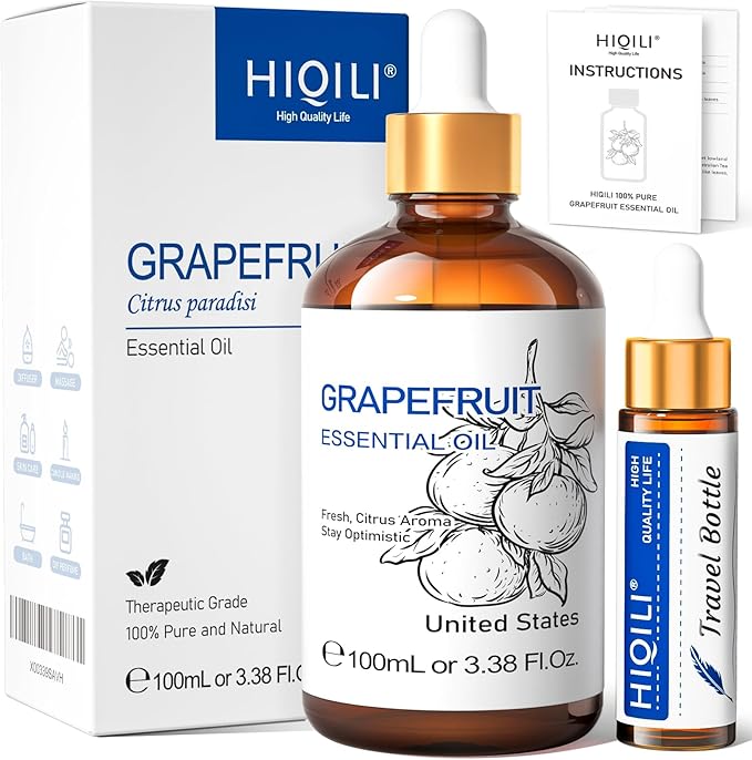 HIQILI 100 ml Grapefruit Essential Oil, for Diffuser, Skin Care, 100% Pure and Natural - 3.38 Fl Oz
