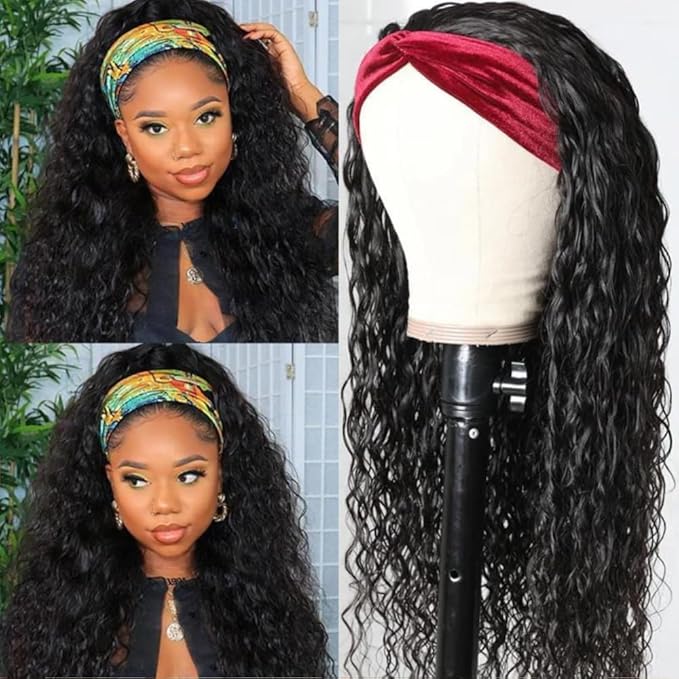 KLAIYI Headband Human Hair Wig Water Wave Curly Non Lace Front Wigs for Black Women Deep Wave Glueless Wear and Go Half Wig 30S Ready to Go Beginner Friendly 180% Density 12A Natural Hairline 14Inch