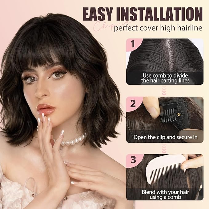 Clip in Bangs, Synthetic Wispy Bangs Hair Clip, Silver Grey Fake Bangs Fringe with Temples Hairpieces for Women Natural Curved Hair Extensions for Daily Wear