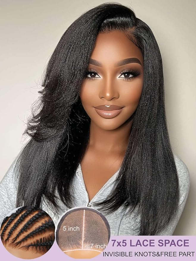 Yiroo Light Yaki Straight Wig Human Hair with Side Swept Bangs,7x5 Lace Front Bye Bye Knots Glueless Wig Human Hair Pre Plucked Pre Cut,Elastic Drawstring Wear and Go Wig for Women 150% Density 16Inch