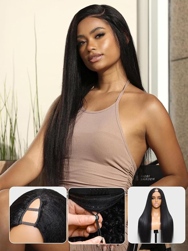 YIROO EasiContour V Part Wigs Human Hair Yaki Straight Human Hair Wigs No Leave Out Glueless Upgraded U Part Wigs for Women V Shape Clip in Vpart Wig No Sew in No Glue Beginner Friendly 24 inch