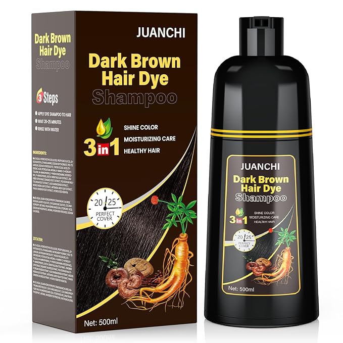 JUANCHI Dark Brown Hair Dye Shampoo 3 in1, Dark Brown Shampoo Hair Dye for Gray Coverage, Natural Hair Color for Women Men, Herbal Formula, Ammonia-free, Lasts 30 Days, 500ml (16.90 oz)