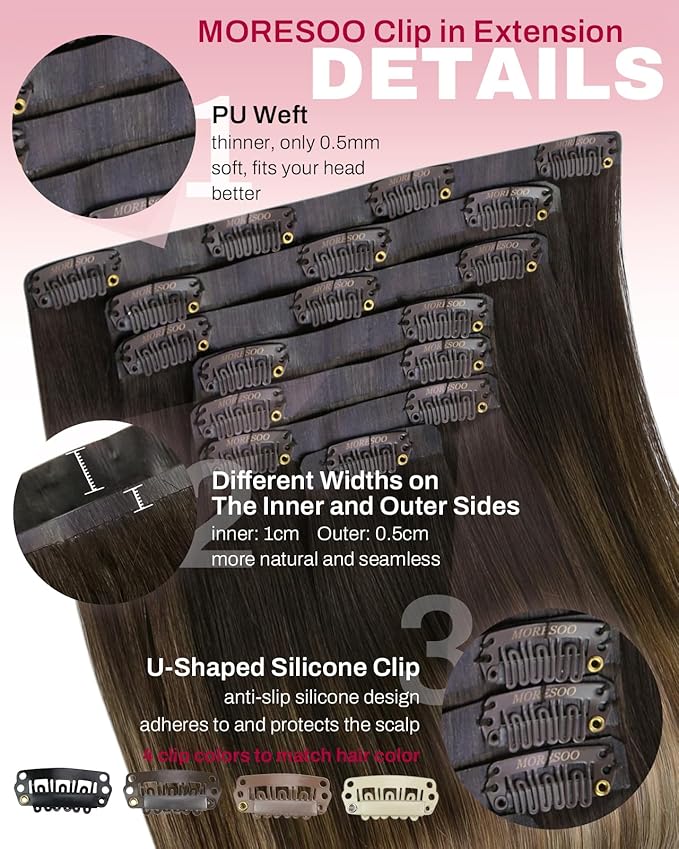 Moresoo Seamless Clip in Human Hair Extensions Balayage 135g 16inch Clip in Hair Extensions for Thin Hair to Add Length Dark Brown to Golden Brown With Golden Blonde 7pcs