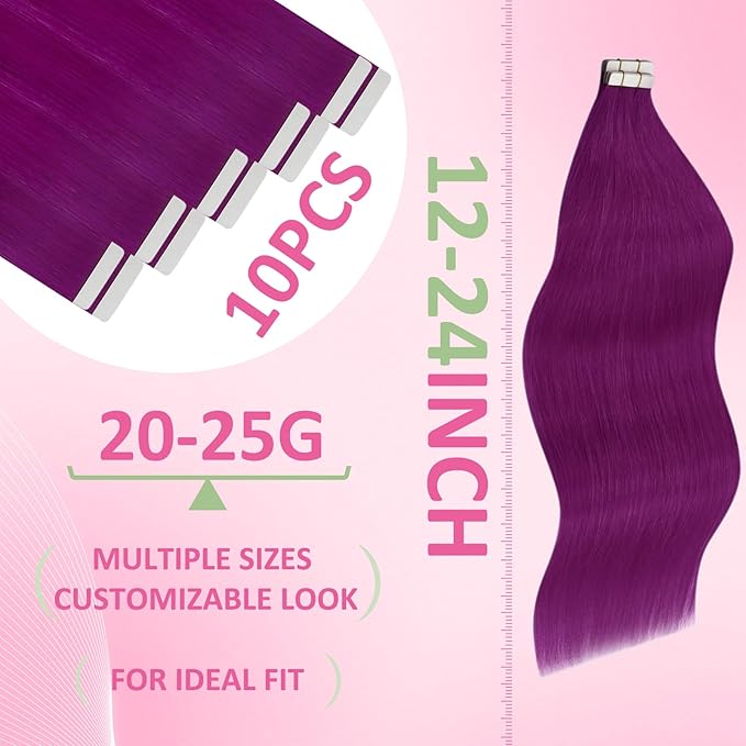 YoungSee Purple Tape in Human Hair Extensions Purple Hair Extensions Tape in 10pcs 25g Color Human Hair Tapes 16 Inch Tape on Extension Diy Your Hairstyle