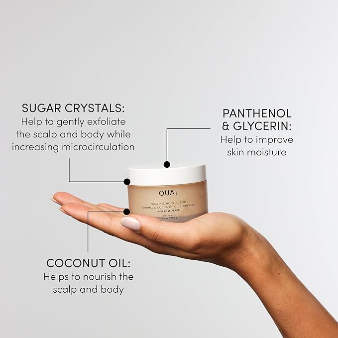 OUAI Scalp & Body Scrub Travel Size, Melrose Place - Exfoliating Body Scrub with Sugar & Coconut Oil Blend for Smooth, Moisturized Skin - Gentle for Removing Product Build Up (3.4 Oz)