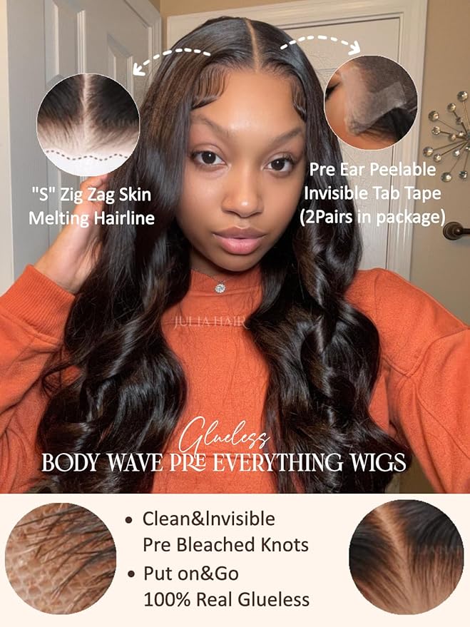 Julia Hair Body Wave Glueless 13x4 Lace Front Wigs Human Hair 12A Pre Cut Lace Frontal Wig Pre Bleached Bye Bye Knots Pre Everything Put on and Go 180% Density Fast Wear Wigs Natural Color 16 Inch