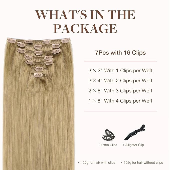 GOO GOO Clip in Hair Extensions Real Human Hair, Remy Human Hair Extensions Clip ins for Women, Natural Human Hair, 14inch 120g 7Pcs, 7 Bronde
