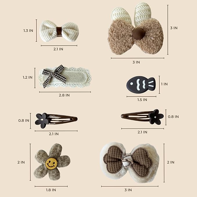 Hair Clips for Baby Girls-8 Pcs Beige Hair Accessories with Knitted Flower, Bow, Butterfly Designs-Soft Wool and Crochet Hairpins-Non-Slip Barrettes for Daily and Occasional Wear (Design 3-8pc Set)