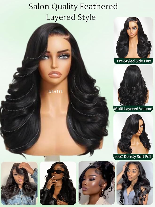 KLAIYI Bye Bye Slip™ Loose Body Wave Wig Layer Side Part 200% Density 7X5 Pre Cut Lace Front Wigs Human Hair Drawstring Glueless 30S Ready to Wear and Go Beginner Wig Pre Plucked Bleached Knots 20Inch
