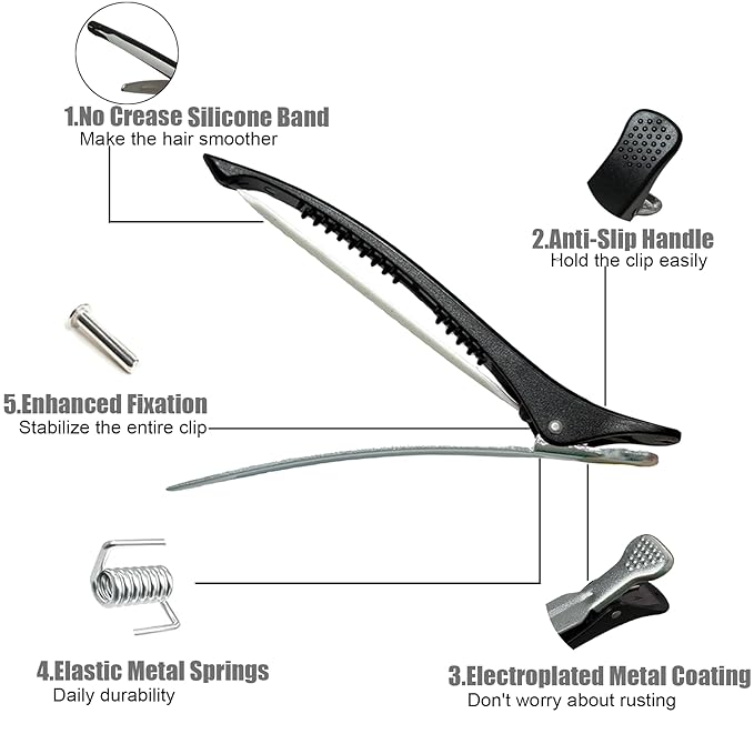 10 pcs Professional Hair Clips for Styling Sectioning - Sectioning Hair Clips for Styling, No-Crease Silicone Band& Anti-Slip Grip, Hair Cutting Clips for Blowouts, Curling, Coloring (Black)