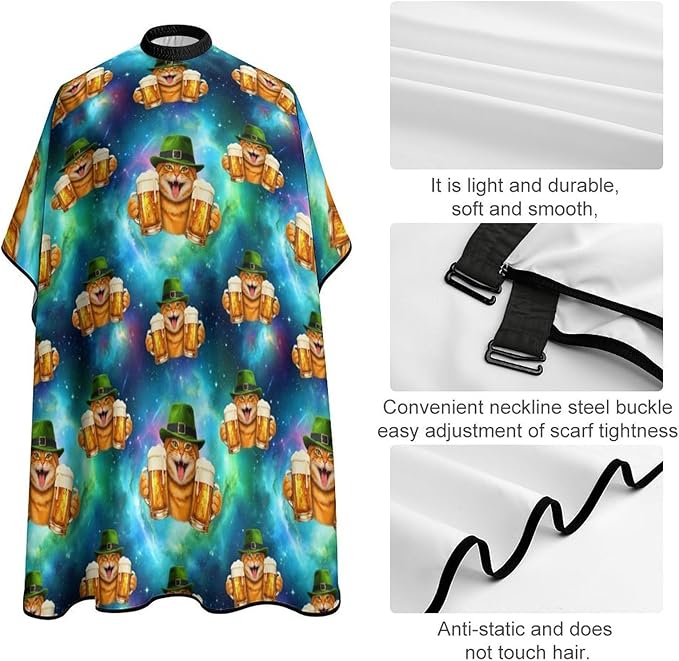 Extra Long Barber Styling Cape, Cool Cat with Hat Beer Mugs Funny Drink Haircut Hairdressing Cloth Apron Hair Cutting Cloak for Hair Cutting