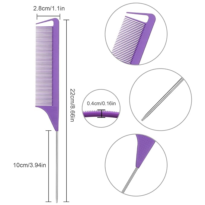 Patelai 30 Pieces Rat Tail Combs Bulk, Hair Teasing Fine Tooth Pintail Combs Braiding Hair Styling Tools with Steel Pin for Stylists Salon Teasing Sectioning Coloring Detangling(Purple)