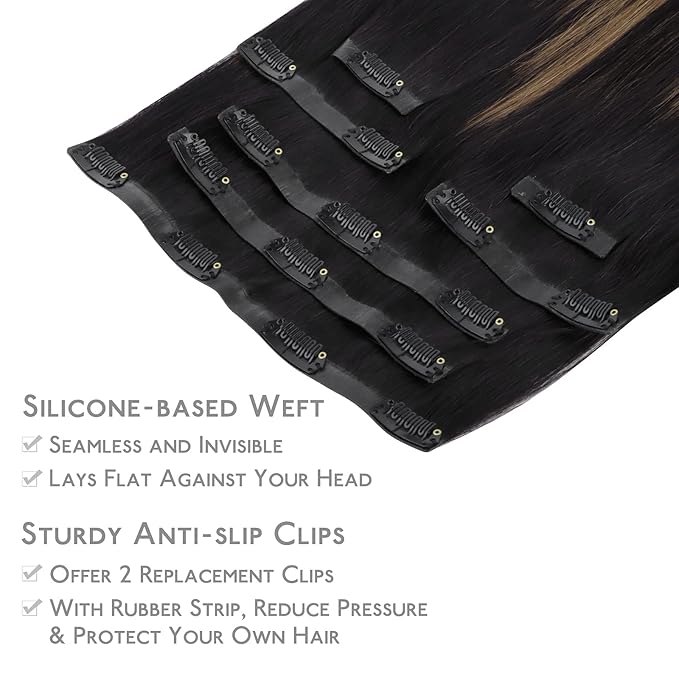 WENNALIFE Seamless Clip In Hair Extensions, 14 Inch 130g 7pcs Natural Black Mixed Chestnut Brown Hair Extensions Clip in Human Hair Invisible PU Skin Weft Natural Remy Human Hair Extensions