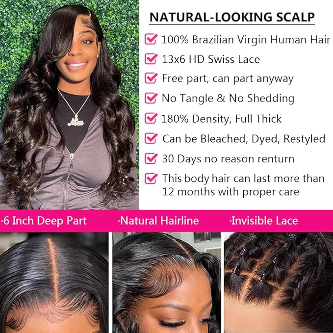 13X6 Body Wave Lace Front Wigs Human Hair 180% Density 26 Inch HD Lace Front Wigs Human Hair Pre Plucked Glueless Wigs for Black Women Frontal Wigs Natural Color