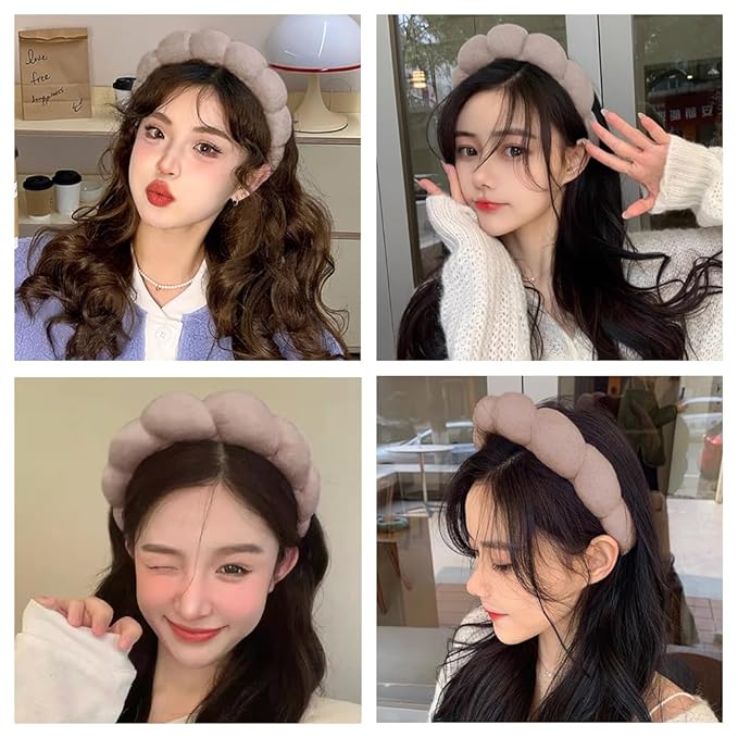 Spa Headbands for Washing Face or Makeup, Sponge Bubble Skincare Headbands, Puffy Terry Cloth Hairband for Women, Skin Care Makeup Headwear Hair Accessories for Girls (Coffee)