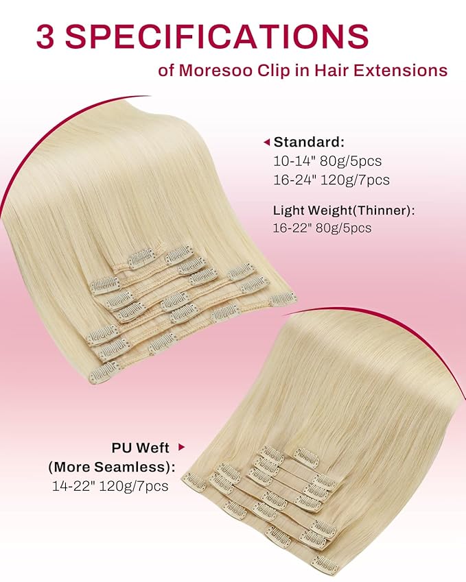 Moresoo Long Blonde Clip in Hair Extensions 24 inch Golden Platinum Blonde Real Human Hair Extensions Clip ins Remy for Women Long Straight 120g/7pcs 24 inch