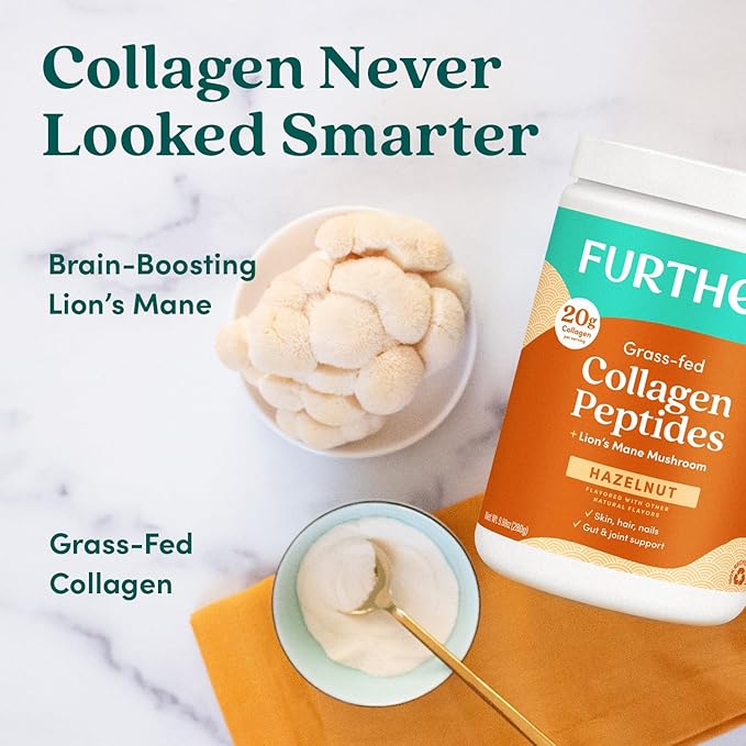 Further Food Hazelnut Collagen Peptides Powder with Lion’s Mane Mushroom, Grass-Fed Hydrolyzed Type 1 & 3 Protein, Gut Health + Joint, Hair, Skin, Nails, Paleo Keto Sugar-Free 9.88 oz