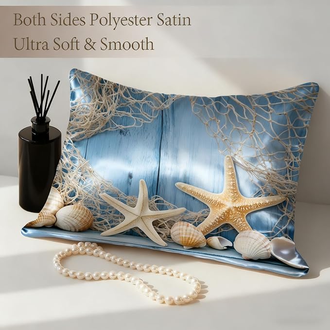 1 Pack Satin Pillowcase for Hair and Skin Sea Beach Starfish Fishing Net Imitation Silk Pillowcase with Hidden Zipper Soft Breathable Pillow Cover Standard Size for Bedroom Sofa 20”x26”