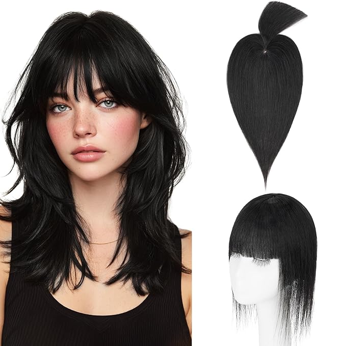 Hairro Mono Hair Toppers with Bangs, 3.4" x 3.4" Mono Base 100% Real Human Hairpieces for Women, 150% Density Clips In Topper for Greyish Thinning Hair, 10 Inch Jet Black
