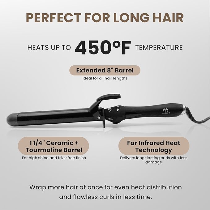 Infrared Curling Iron 1.5” Ceramic Tourmaline Long Barrel – Digital Professional Hair Curler with Ion Technology for Big Curls, Beach Waves, Thick Hair – Fast Heat, Clamp, Dual Voltage