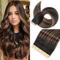 Human Hair Tape in Extensions Natural Black Mixed Chestnut Brown 20 Inch Invisible Tape in Hair Extensions Human Hair for Women Hair Extensions Real Human Hair Tape in