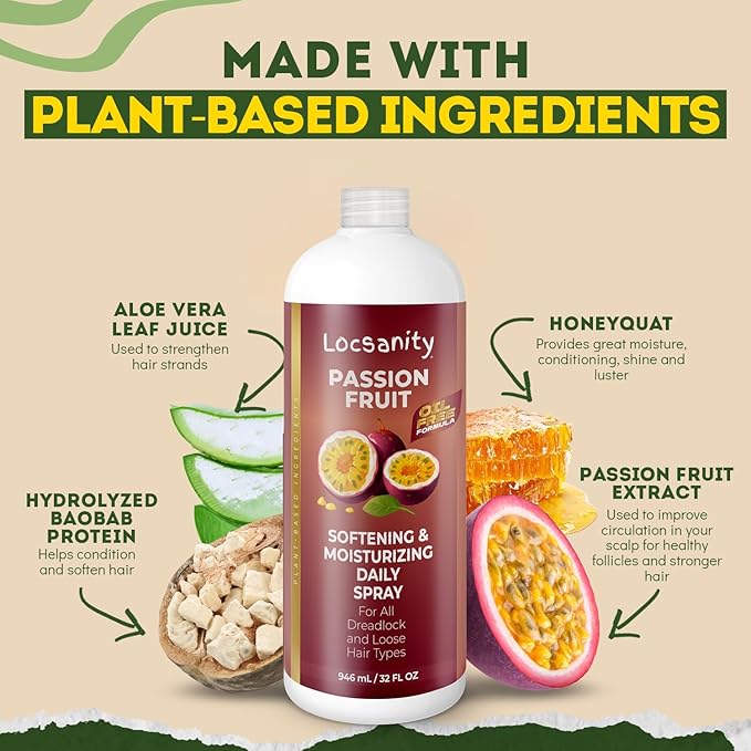 Locsanity Daily Moisturizing Spray for Dull, Dry Locs – Jumbo Size Passion Fruit Hair and Scalp Moisturizer for Dreadlocks, Sisterlocks, Microlocks, Braids to Control Oil and Frizz (32 fl oz)