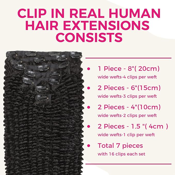 Lashey Clip in Hair Extensions Real Human Hair 120g 7pcs 22 Inch Kinky Curly Clip in Hair Extensions Natural Black Soft Natural Hair for Women