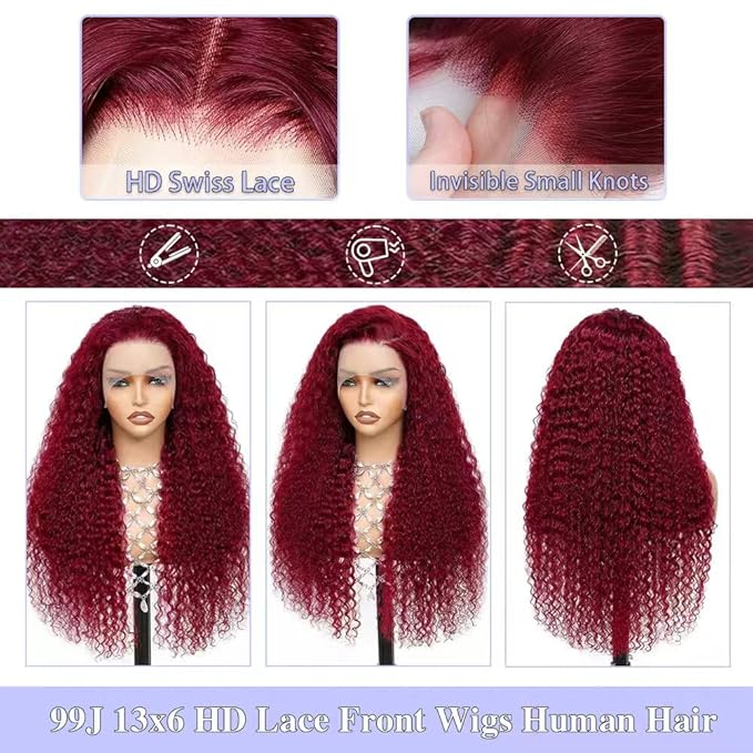 Burgundy Wig Human Hair Deep Wave 13x6 Transparent Lace Front Wigs Human Hair 200 Density 99j Burgundy Wigs Pre Plucked 99J Curly human Wig with Baby Hair 22 Inch