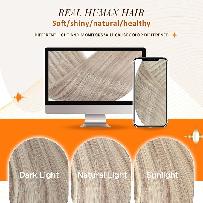 Full Shine Clip in Human Hair Extensions Highlights 20 Inch Long Ash Blonde Clip in Hair Extensions Ash Blonde Mix Bleach Blonde PU Clip ins Real Human Hair 8 PCS 120 G