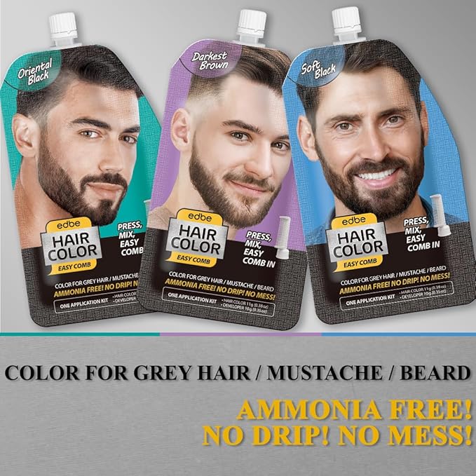 Edbe Hair Color Easy Comb Darkest Brown (2 Pack) - Grey Hair Mustache and Beard Coloring for Men with One Application Kit…