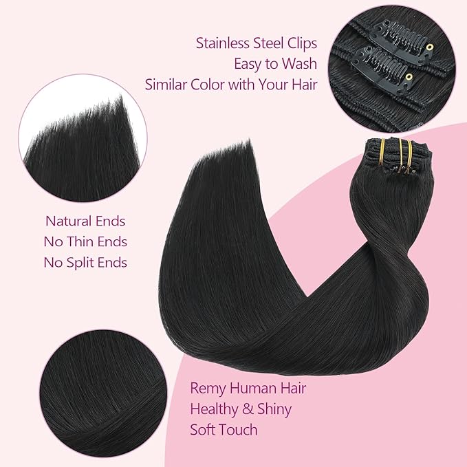 PINKPEARL Clip in Human Hair Extensions #1B Natural Black Clip in Hair Extensions Real Human Hair 18 inch Remy Hair 120g 7pcs Straight Natural Human Hair Clip ins(#1B-18)