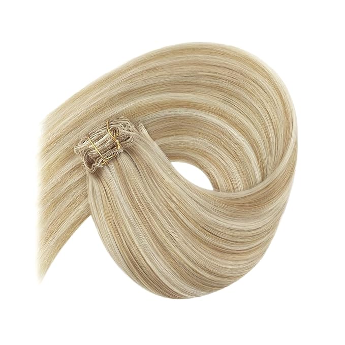 Ve Sunny Blonde Clip in Hair Extensions Real Human Hair Highlighted Clip in Human Hair Extensions Highlight Caramel Blonde with Platinum Blonde Human Hair Extensions Clip ins 120g 16 Inch 7pcs