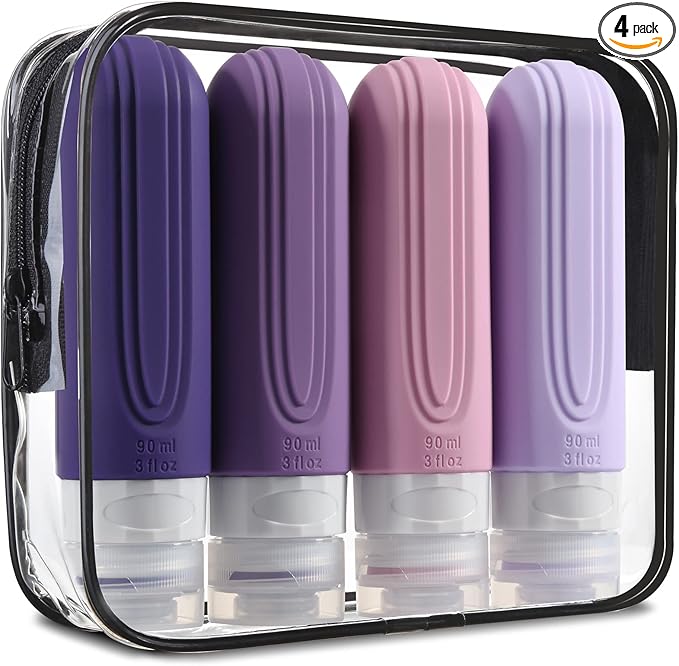 Travel Bottles for Toiletries, Tsa Approved 3oz Travel Size Containers BPA Free Leak Proof Refillable Liquid Silicone Squeezable Travel Accessories for Shampoo Conditioner Lotion (4 Pack)