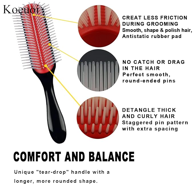Classic Styling Curly Hair Brush. 9 Row Black Brush for Detangling, Separating, Shaping. For Women and Men Wet or Dry Hair.