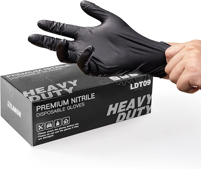 LANON 6-mil Black Nitrile Disposable Gloves, Food-Safe, Powder-Free, Heavy-Duty, Textured Fingertips, Latex-Free, Large