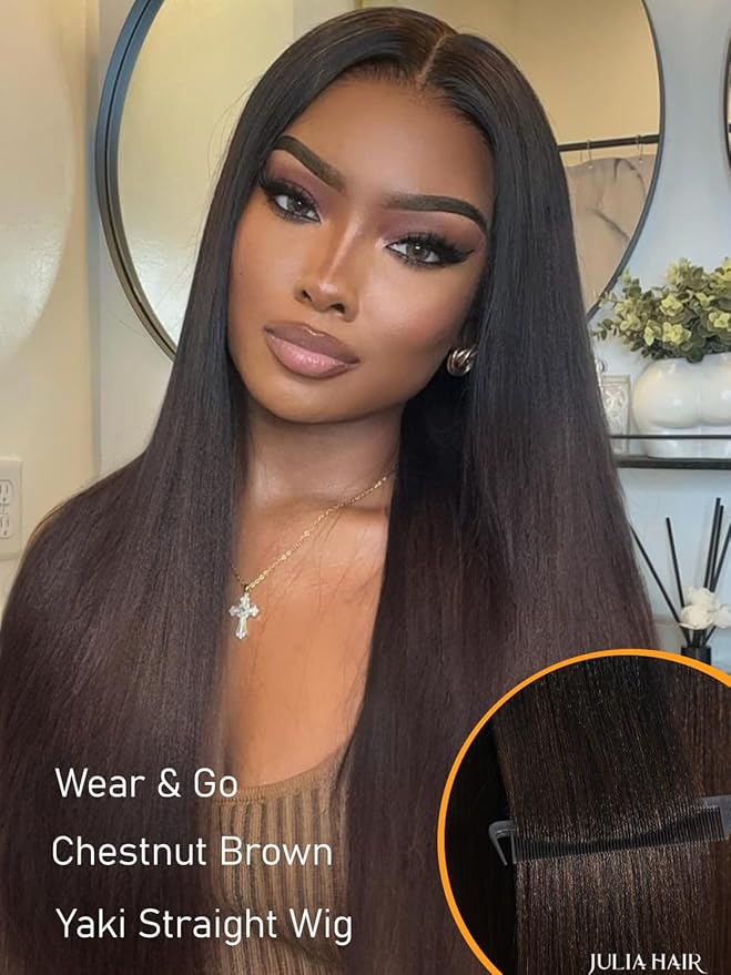 Julia Hair Chestnut Brown Ombre Yaki Straight 7x5 Pre Cut HD Lace Put On and Go Wig Bye Bye Knots Glueless Human Hair Wigs with Invisi Drawstring Pre Plucked Bleached Knots Beginner Friendly 20 Inch