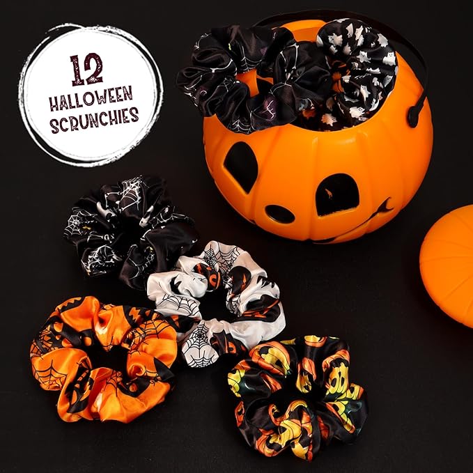 12PCS Halloween Scrunchies Soft Boo Basket Spooky Skeleton Bats Orange Fall Pumpkin Gifts Hair Ties Big Scrunchy Elastics Hair Bands Ponytail Holder Cute Halloween Accessories for Women Girls