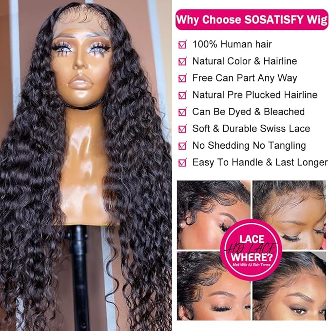 SOSATISFY Deep Wave Lace Front Wigs Human Hair 4x4 HD Transparent Lace Closure Wigs Glueless 180% Density Wigs for Black Women Pre Plucked with Baby Hair (26 inch)