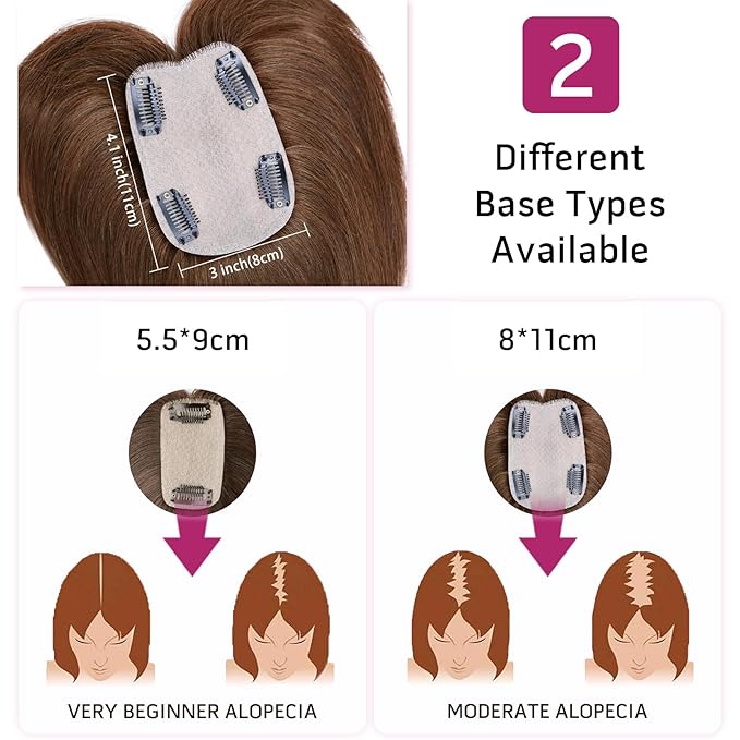 VERNA Real Human Hair Topper, 10 Inch 100％ Human Hair Toppers for Women with Thinning Hair, Large area Coverage Medium Brown Hairpiece Wiglet for Daily Wear(8 * 11)