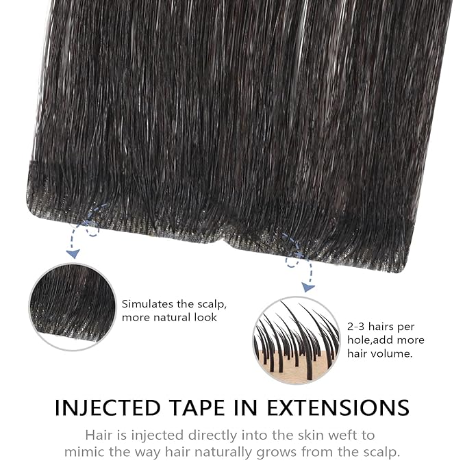 COOKAYU Invisible Tape in Extensions Human Hair, Natural Black Seamless Injected Tape Ins Remy Hair 22Inch 50g 20pcs Straight Invisi Edge Extensions Silky Smooth